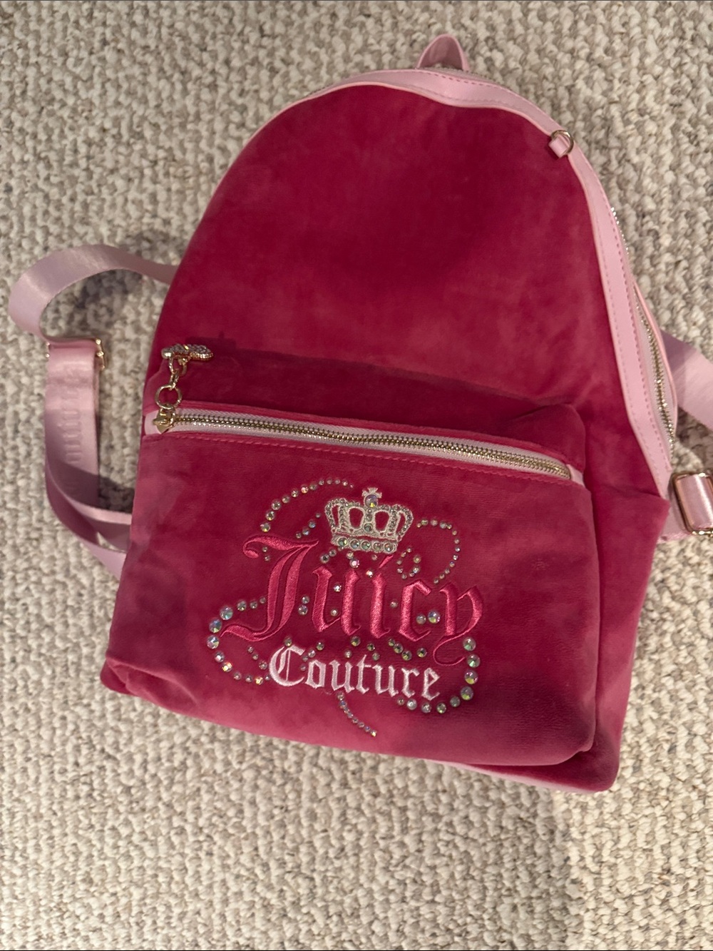 Juicy Couture Hot Pink Velvet Backpack with Rhinestone Logo